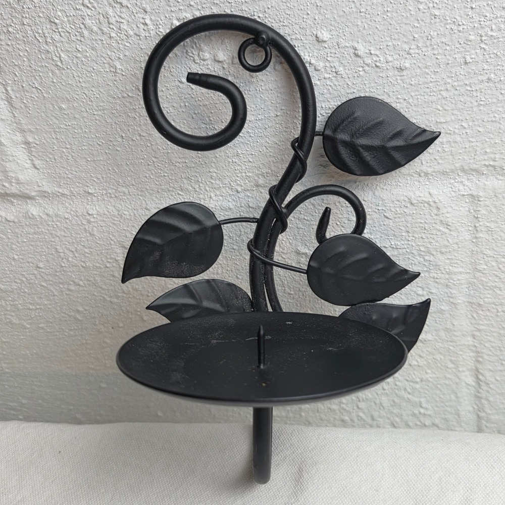 Black Wrought Iron Leaf Vine Wall Sconce Pillar Candle Holder Scroll Design